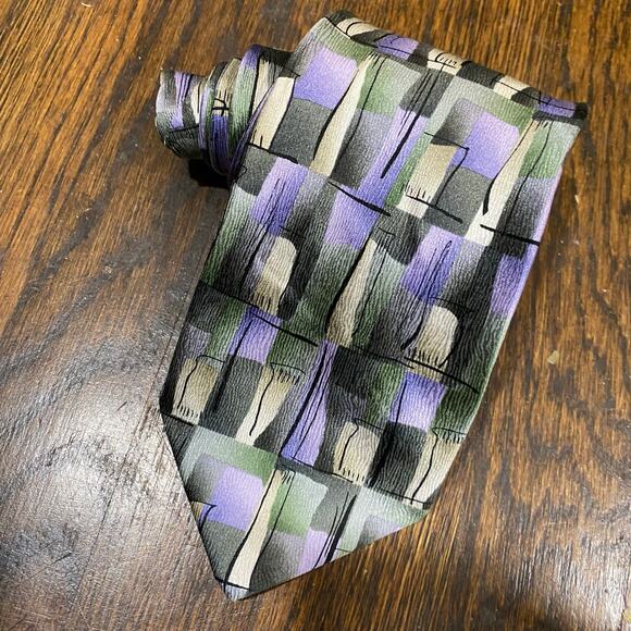 Jerry Garcia Tie 2005 Abstract Print in Green Tan  Lavender Silk Classic Necktie - Picture 7 of 7